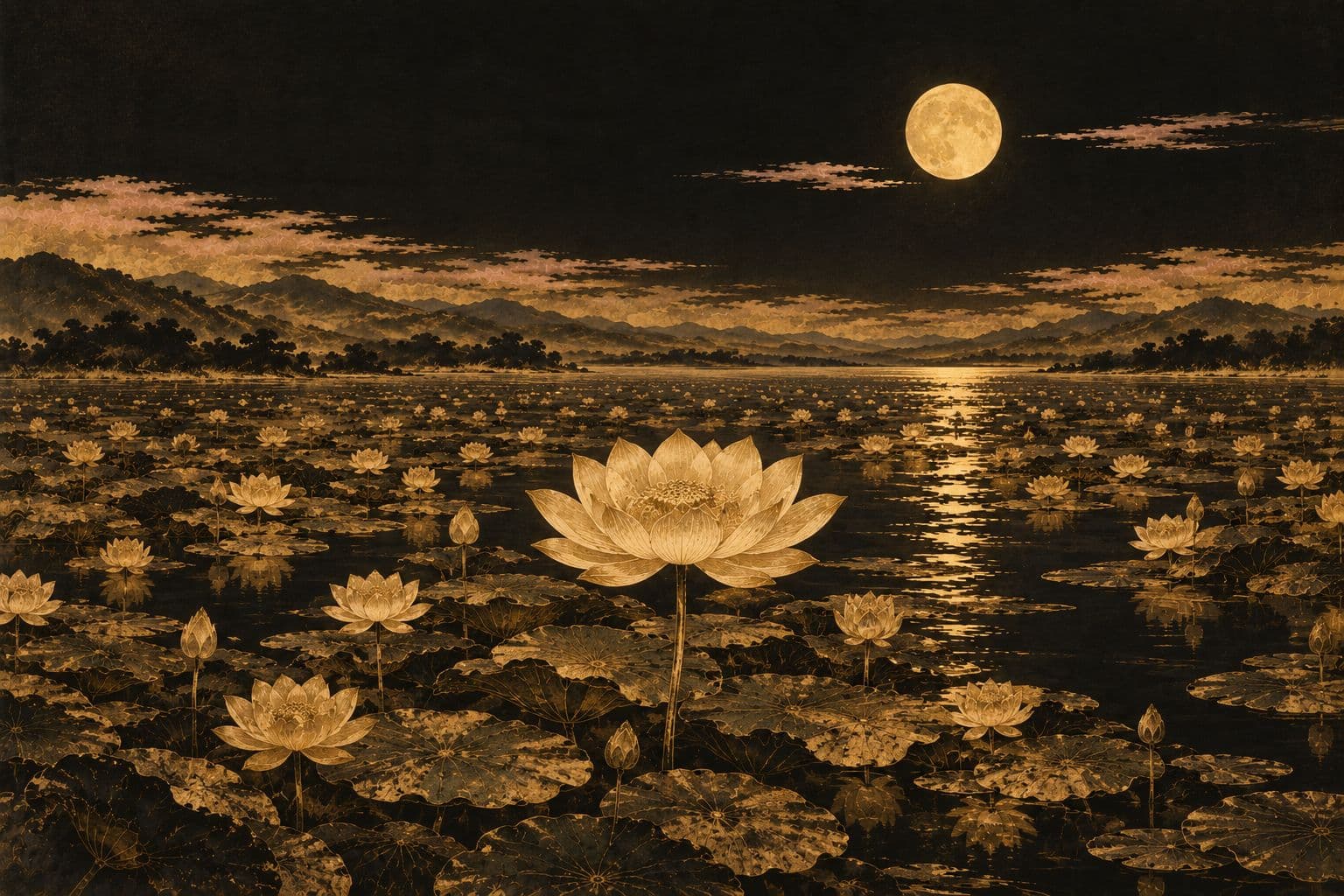 밤, 넓고 잔잔한 연못 한가운데에 큰 연꽃 한 송이가 높은 줄기 위에 피어 있고, 그 둘레로 작은 연꽃과 연잎들이 물 위에 멀리까지 펼쳐지며, 보름달 빛이 물 위에 길게 비치는 금박 수묵화