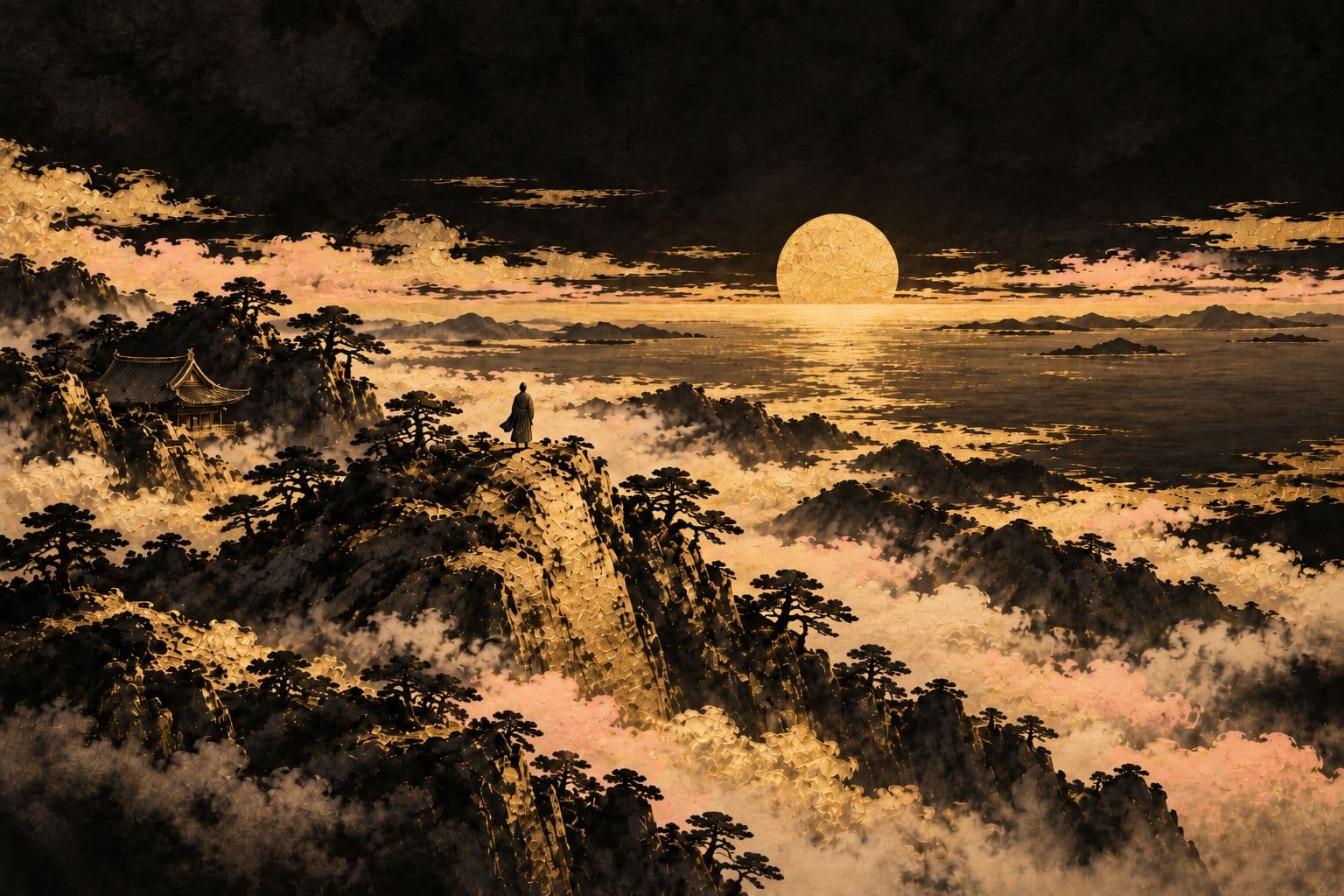 새벽, 운해 위로 솟은 산마루 끝에 한 스님이 등을 보이고 작게 서서 바다 위로 떠오르는 금빛 해를 바라보고, 뒤편 솔숲 속에 절 지붕이 보이는 금박 수묵화