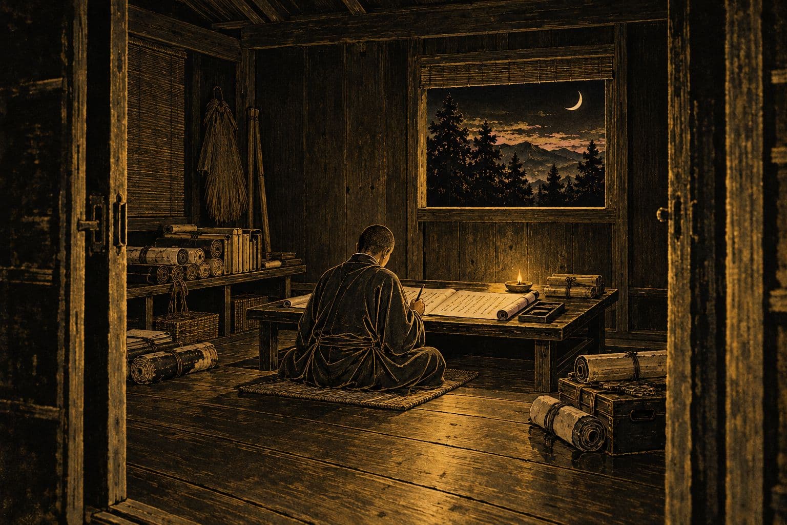 밤의 소박한 나무 방, 낮은 책상 앞에 한 스님이 등을 보이고 앉아 등잔 불빛 아래 두루마리를 베끼고, 둘레 바닥과 선반에 끈으로 묶은 두루마리 묶음들, 작은 창 너머 삼나무 위의 초승달을 그린 금박 수묵화