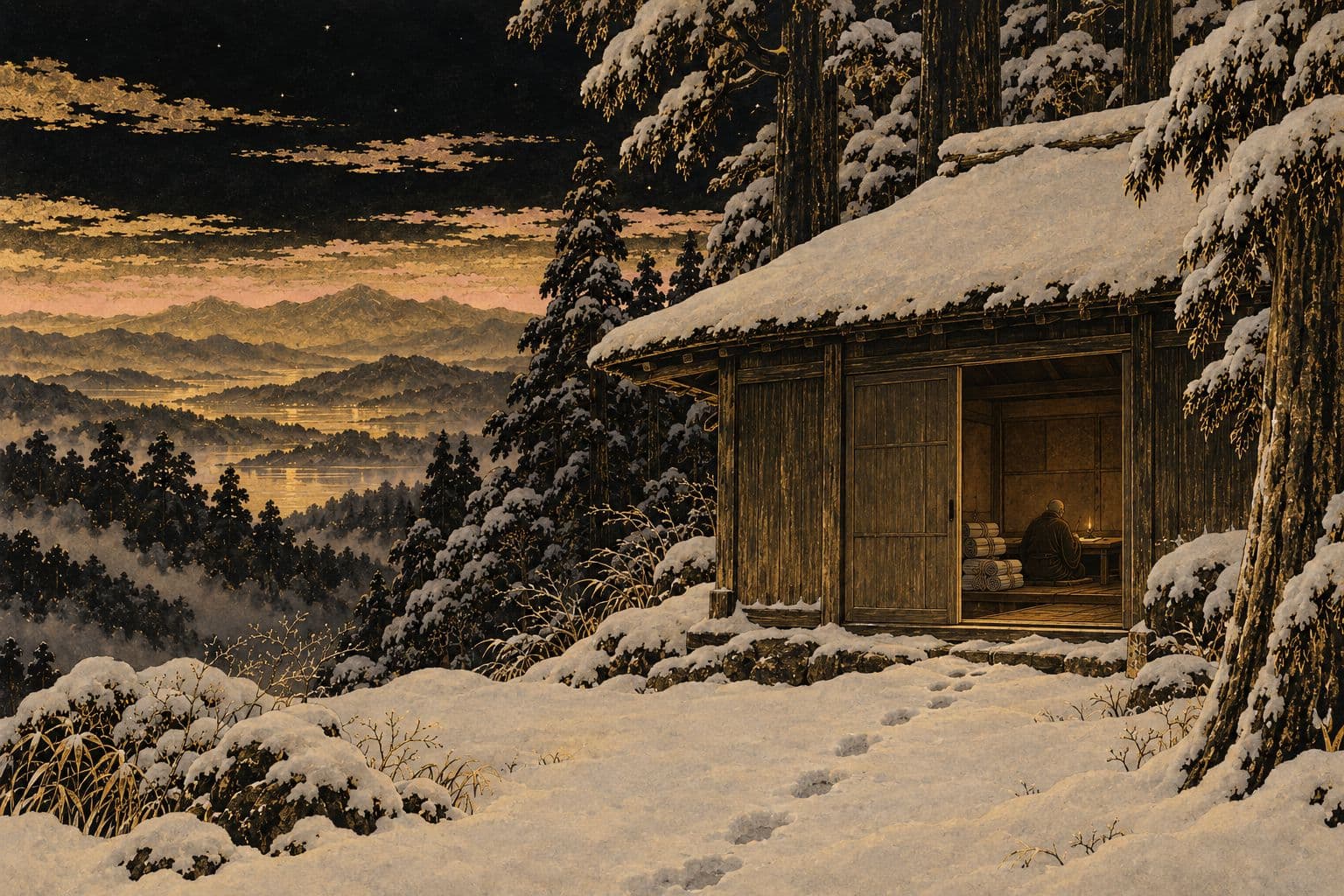눈 덮인 겨울밤 산속, 눈 쌓인 지붕의 작은 목조 불당의 반쯤 열린 문 안에 등불 곁 책상 앞에 앉은 한 스님의 뒷모습, 문 앞까지 이어진 눈 위의 발자국을 그린 금박 수묵화