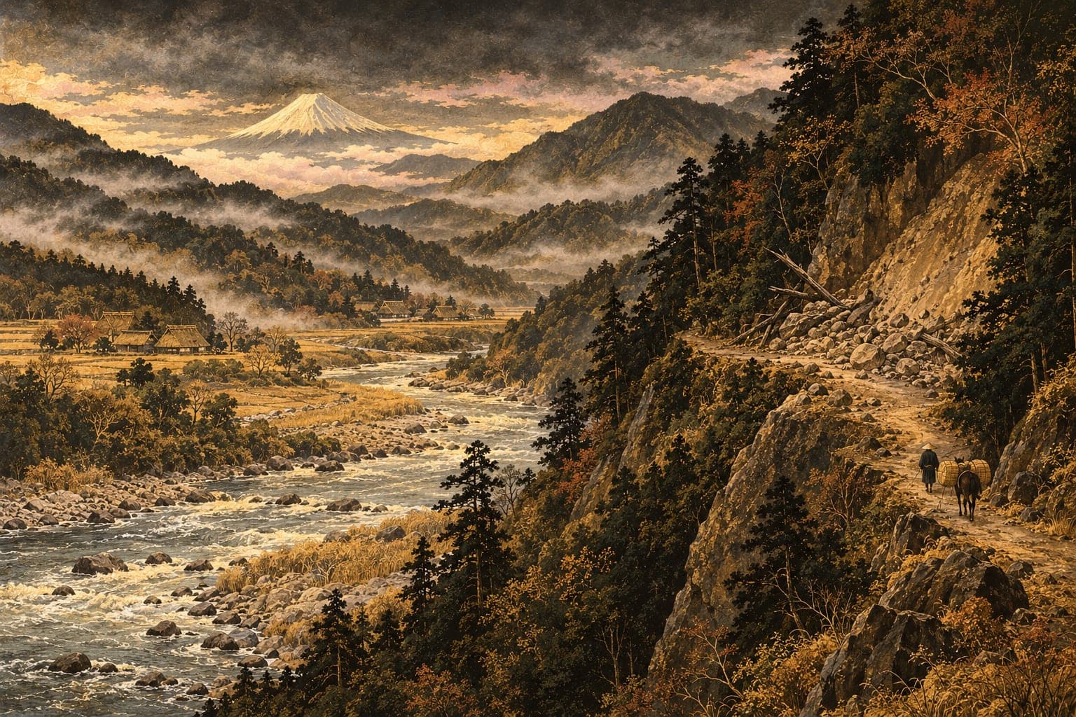 흐린 가을, 후지강 골짜기의 바위 많은 급류를 따라 벼랑에 난 좁은 산길, 무너져 내린 돌더미 곁을 짚 꾸러미 둘을 실은 짐말 한 마리와 그 앞을 걷는 작은 뒷모습 하나가 지나가고, 건너편 강가에 초가 마을, 멀리 구름 위로 후지산이 솟은 금박 수묵화