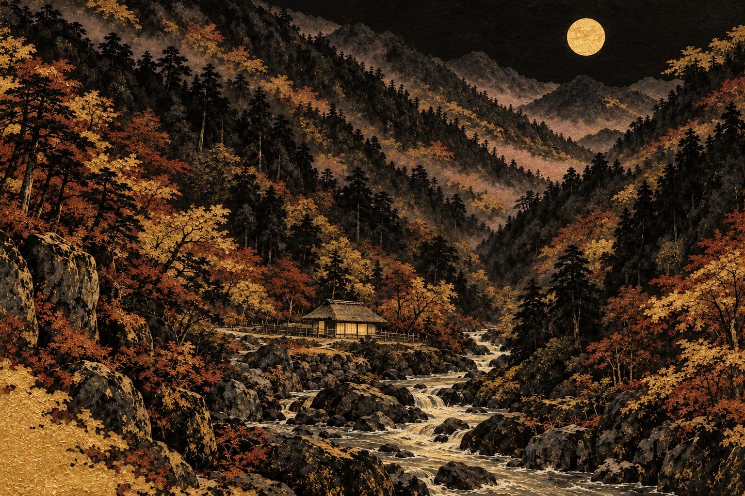 가을 밤, 단풍 든 미노부 골짜기의 검은 삼나무 비탈 위로 밝은 둥근 달이 뜨고, 달빛을 받은 시냇가에 작은 암자 하나가 멀리 보이는 금박 수묵화