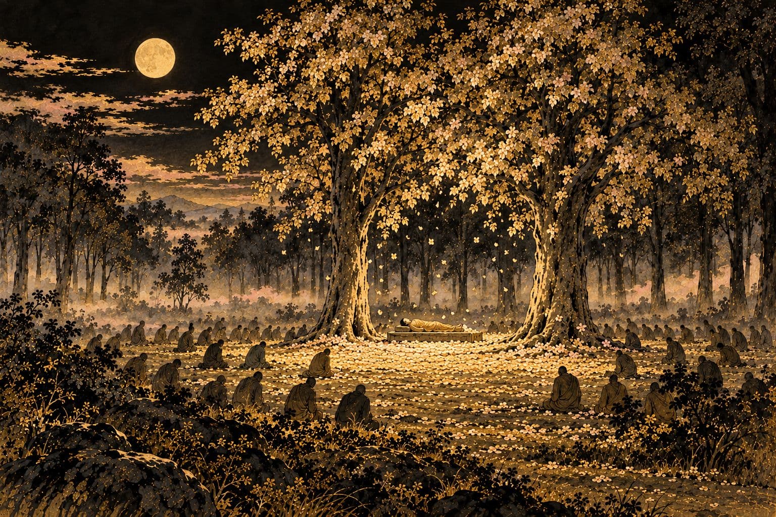 밤의 사라나무 숲, 나란히 선 두 그루 큰 사라나무 사이 낮은 자리에 오른쪽으로 누운 작은 모습이 있고, 철 아닌 금빛 꽃이 흩날리며 둘레에 많은 사람이 작게 둥글게 앉은 금박 수묵화