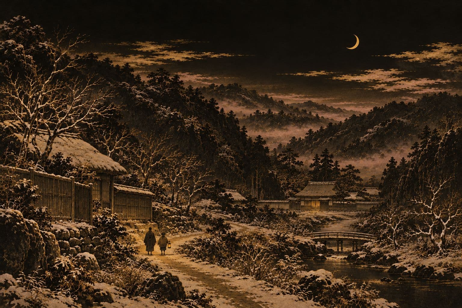 눈 덮인 겨울밤의 좁은 산골짜기, 초승달 아래 등롱을 든 작은 사람과 나란히 눈길을 걷는 한 사람의 작은 뒷모습, 골짜기 너머 다리와 불빛 희미한 집을 그린 금박 수묵화