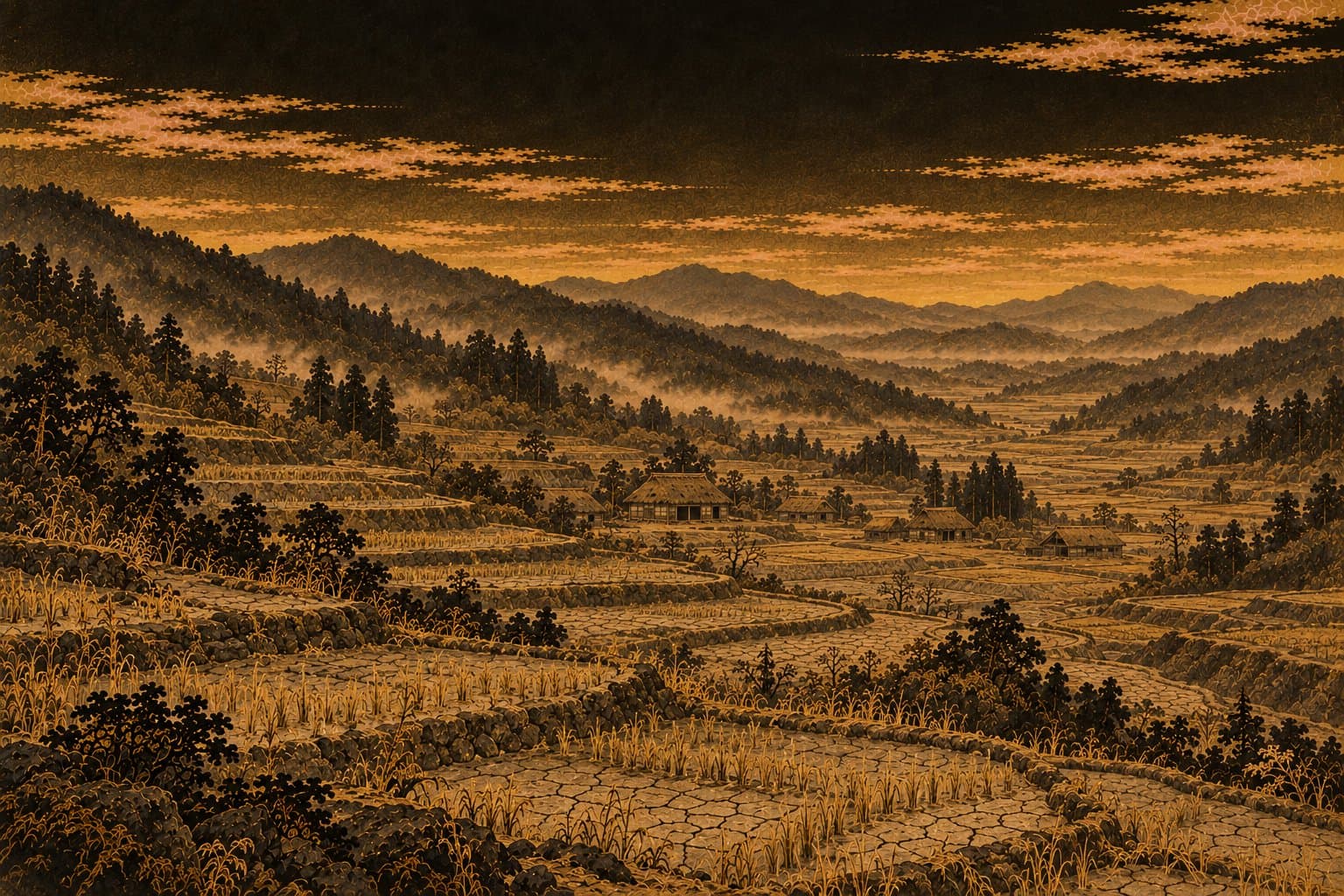 늦여름의 메마른 계단식 논과 비어 있는 산골 마을 — 시든 벼와 갈라진 논바닥, 인적 없는 초가 몇 채