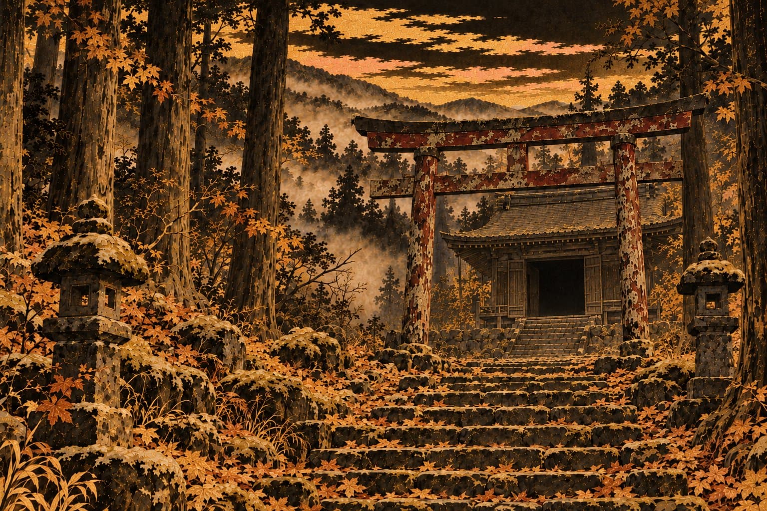 인적 끊긴 늦가을 산속의 옛 신사 — 낙엽에 덮인 돌계단과 빛바랜 붉은 문, 비어 있는 배전, 엷은 안개