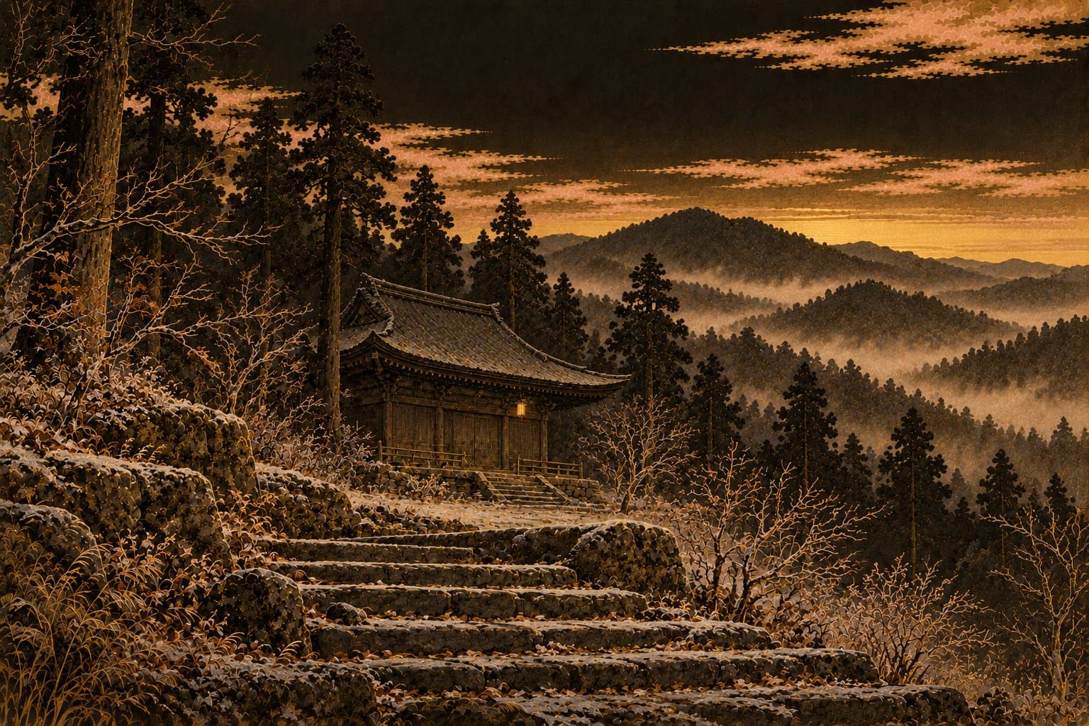 초겨울 저녁의 산사 — 삼나무 숲 속 강당의 닫힌 문과 처마 끝에 남은 등불 하나, 서리 내린 돌계단