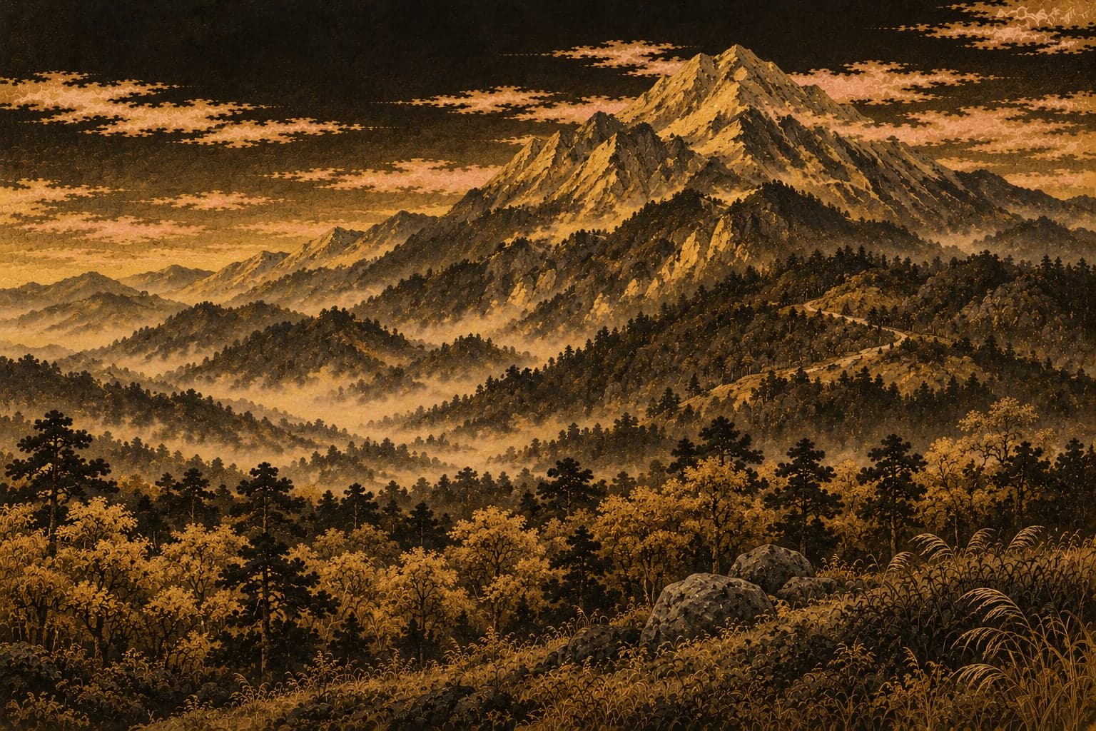보배의 산과 전단의 숲 — 산기슭 한쪽에 따로 놓인 기와 · 돌과 들풀
