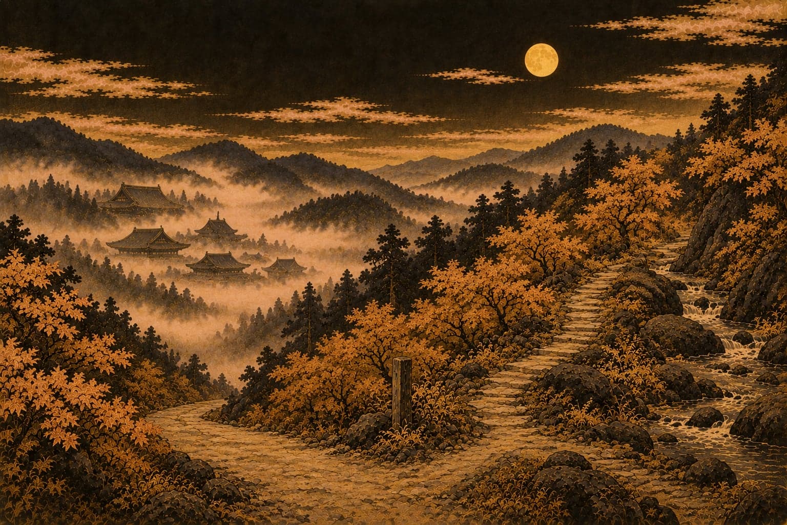 가을 산길의 갈림길 — 한쪽 길은 짙은 안개 속 큰 절 지붕들 쪽으로, 다른 한쪽 좁은 길은 맑은 시냇물을 따라 위로 이어지는 원경