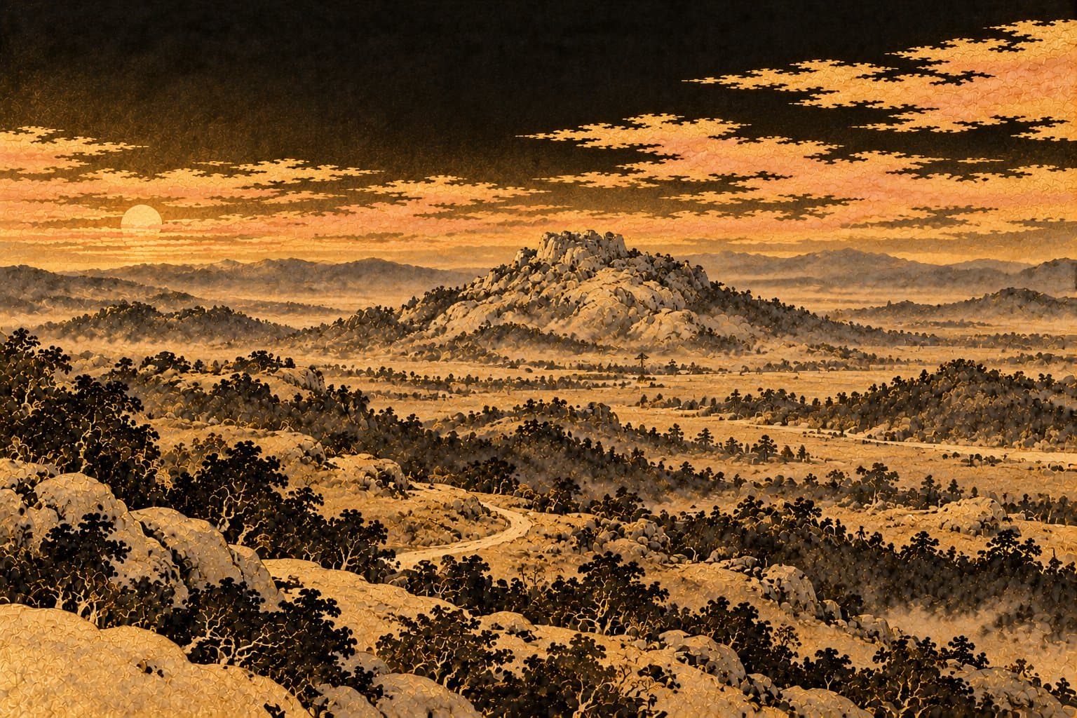 인도 고원의 바위산 영취산 원경과 저녁 구름 — 법화경 설법의 산, 사람 없음