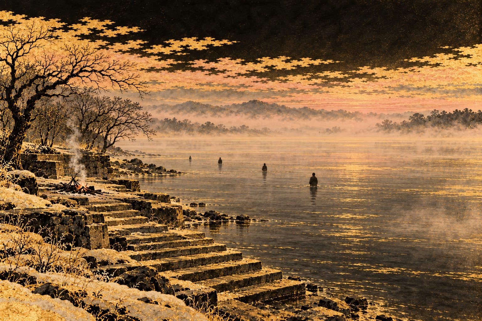 겨울 새벽 인도의 큰 강가 — 물로 내려가는 돌계단과 연기 오르는 작은 모닥불, 옅은 안개 덮인 찬물에 허리까지 잠긴 고행자들이 멀리 작은 그림자로 보이는 금박 수묵화