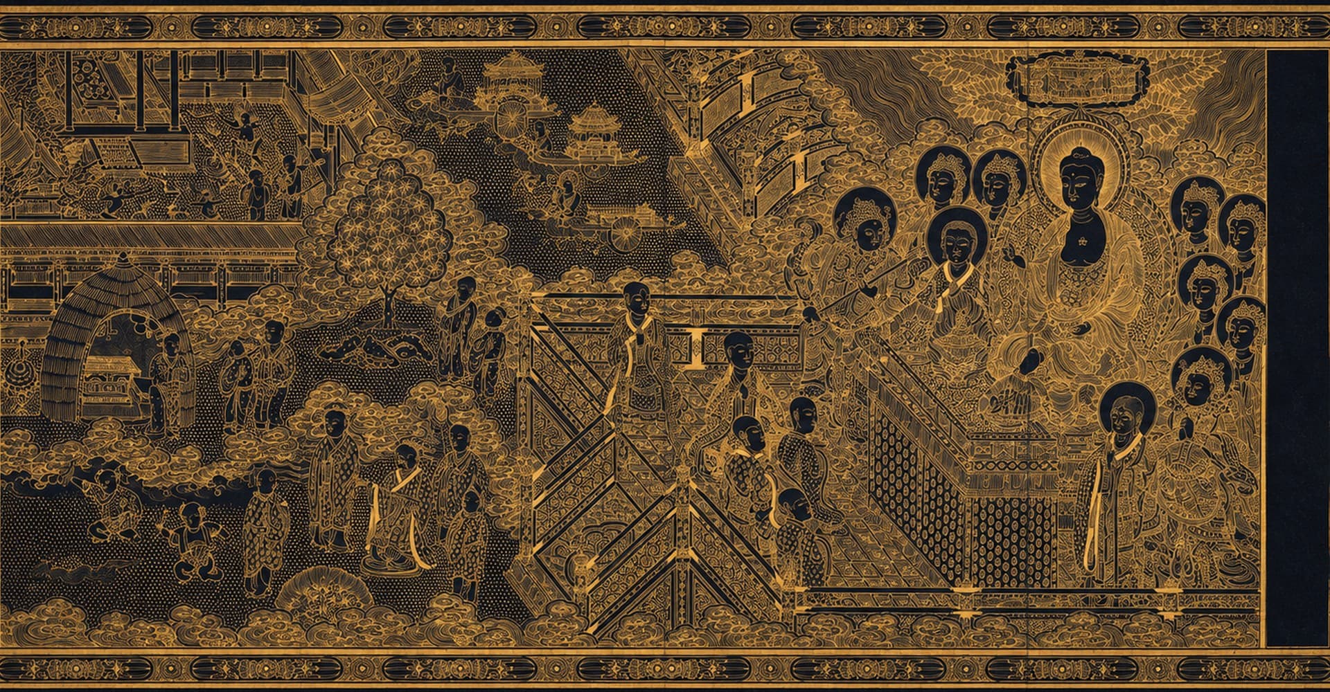 고려 사경 묘법연화경 권2 변상도를 감지금니 풍으로 다시 그린 그림 — 설법하는 부처님과 보살·대중