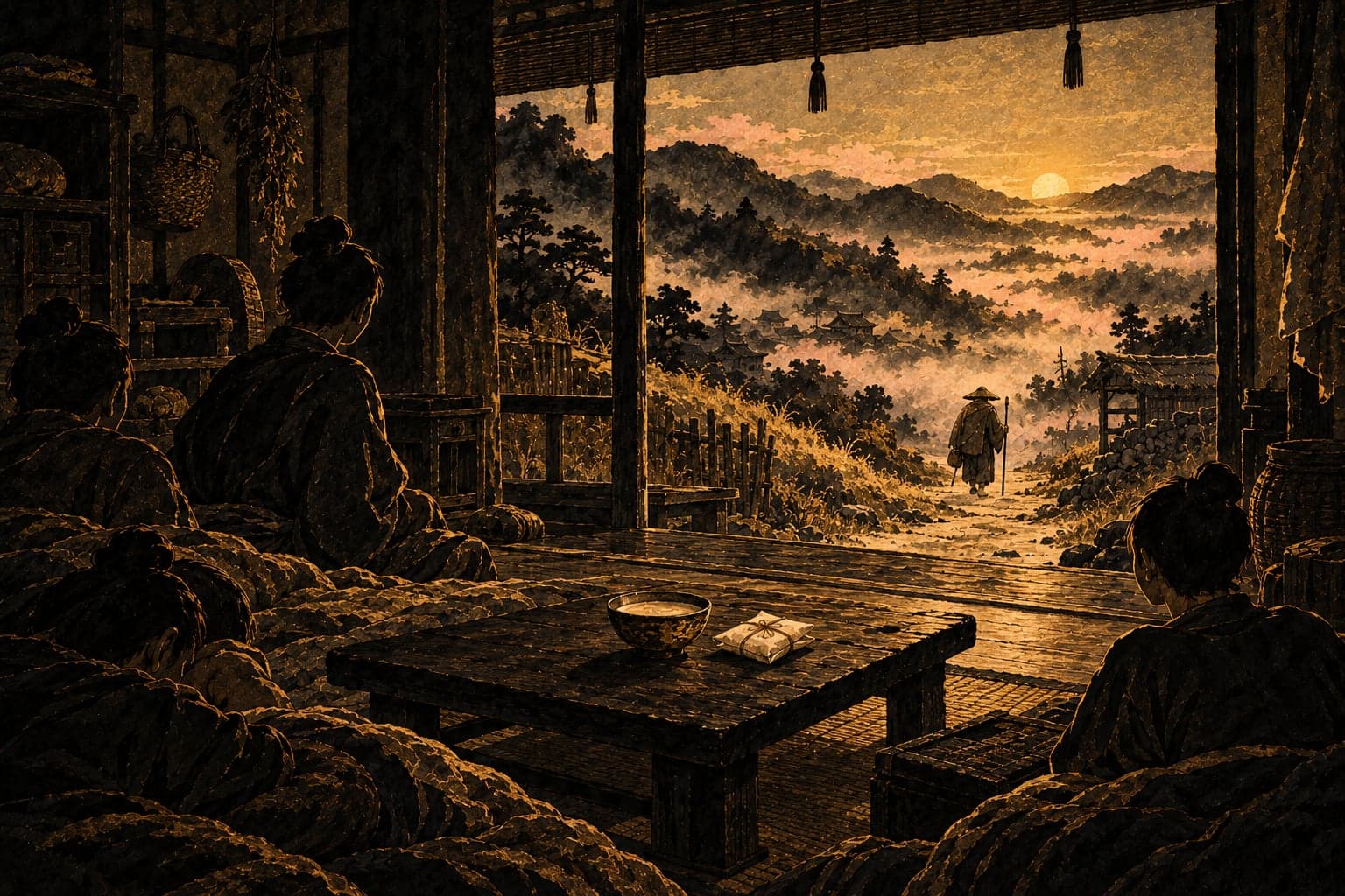 새벽의 옛집 안, 낮은 상 위에 약 사발과 접은 약봉지가 놓여 있고, 툇마루 너머 안개 낀 산길로 늙은 의사가 떠나가며 방 안의 아이들이 깨어나는 금박 수묵화