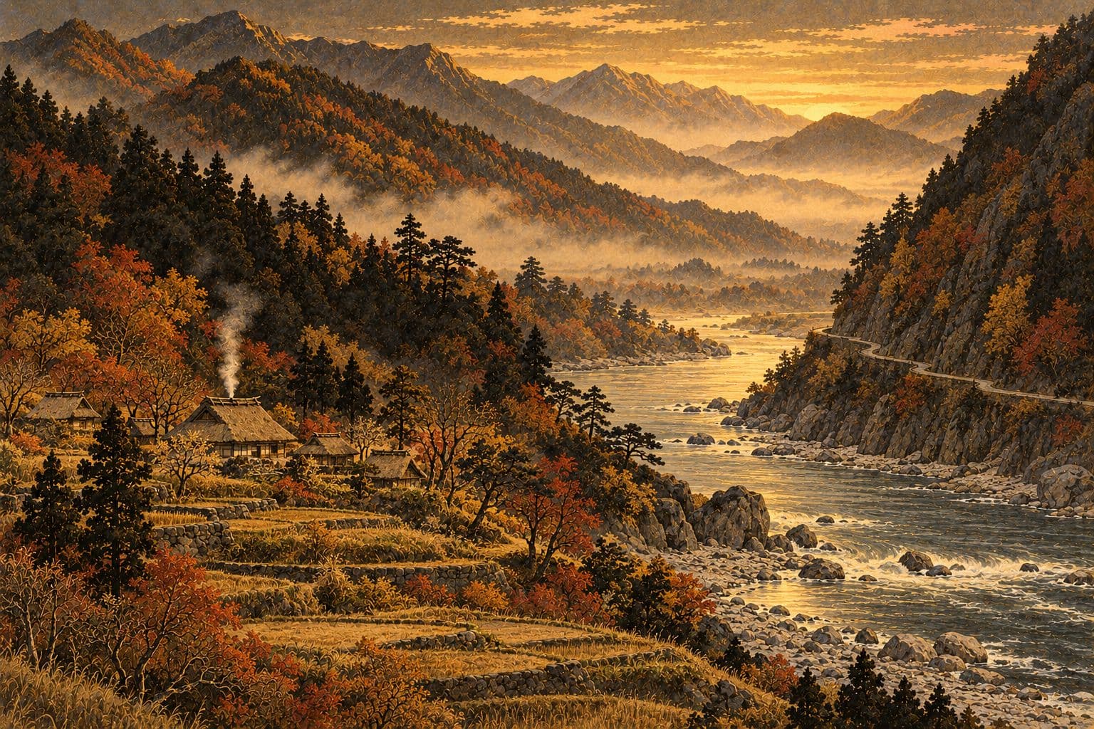 가을 깊은 산골짜기, 단풍 든 비탈의 계단밭과 연기 오르는 초가 몇 채, 바위 사이로 굽이쳐 흐르는 넓은 강과 건너편 벼랑을 따라 난 좁은 길, 안개 너머 겹겹의 산줄기를 그린 금박 수묵화