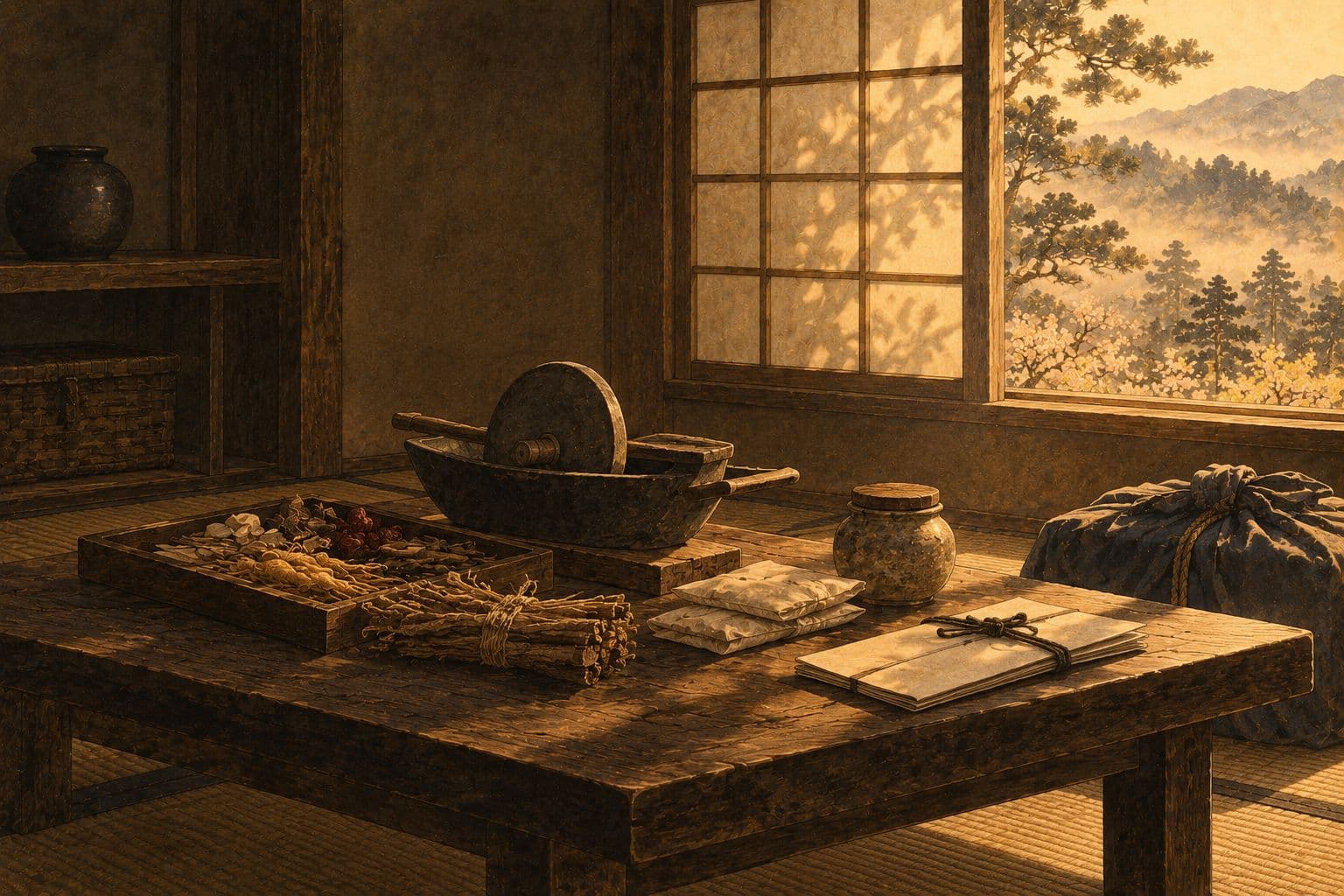 햇빛 드는 방 안, 낮은 나무 탁자 위에 바퀴 달린 약연과 약재를 담은 상자, 끈으로 묶은 약초 다발, 접은 약봉지와 뚜껑 덮인 항아리, 끈으로 맨 편지 한 통, 곁에 보자기로 싼 꾸러미, 창밖으로 소나무와 꽃 핀 산골짜기가 보이는 금박 수묵화