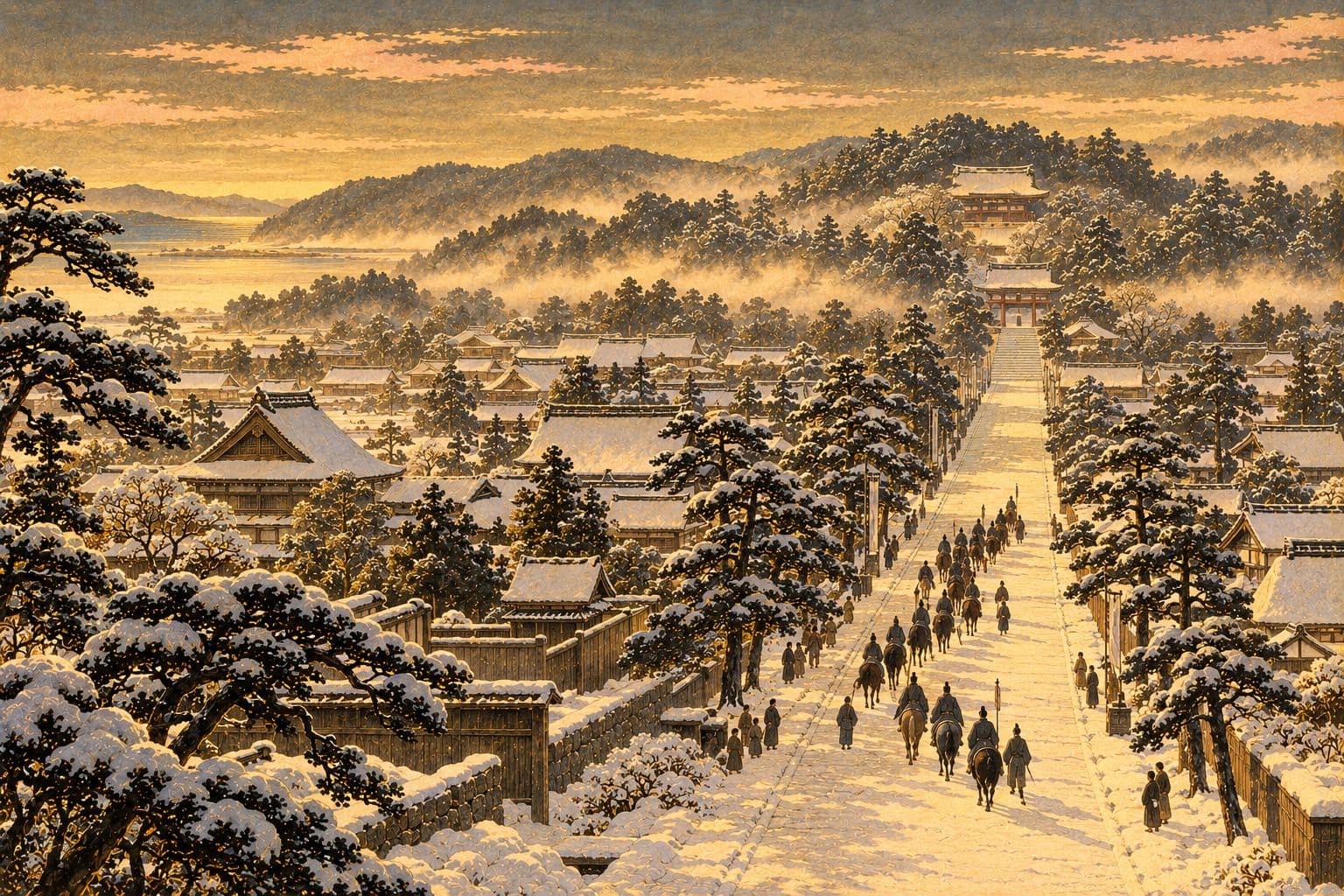 눈 덮인 겨울 아침의 넓은 큰길, 양쪽에 눈 쌓인 지붕과 소나무가 늘어서고, 길 끝 언덕의 큰 문과 전각을 향해 말 탄 사람들과 걸어가는 사람들의 작은 행렬이 이어지는 금박 수묵화