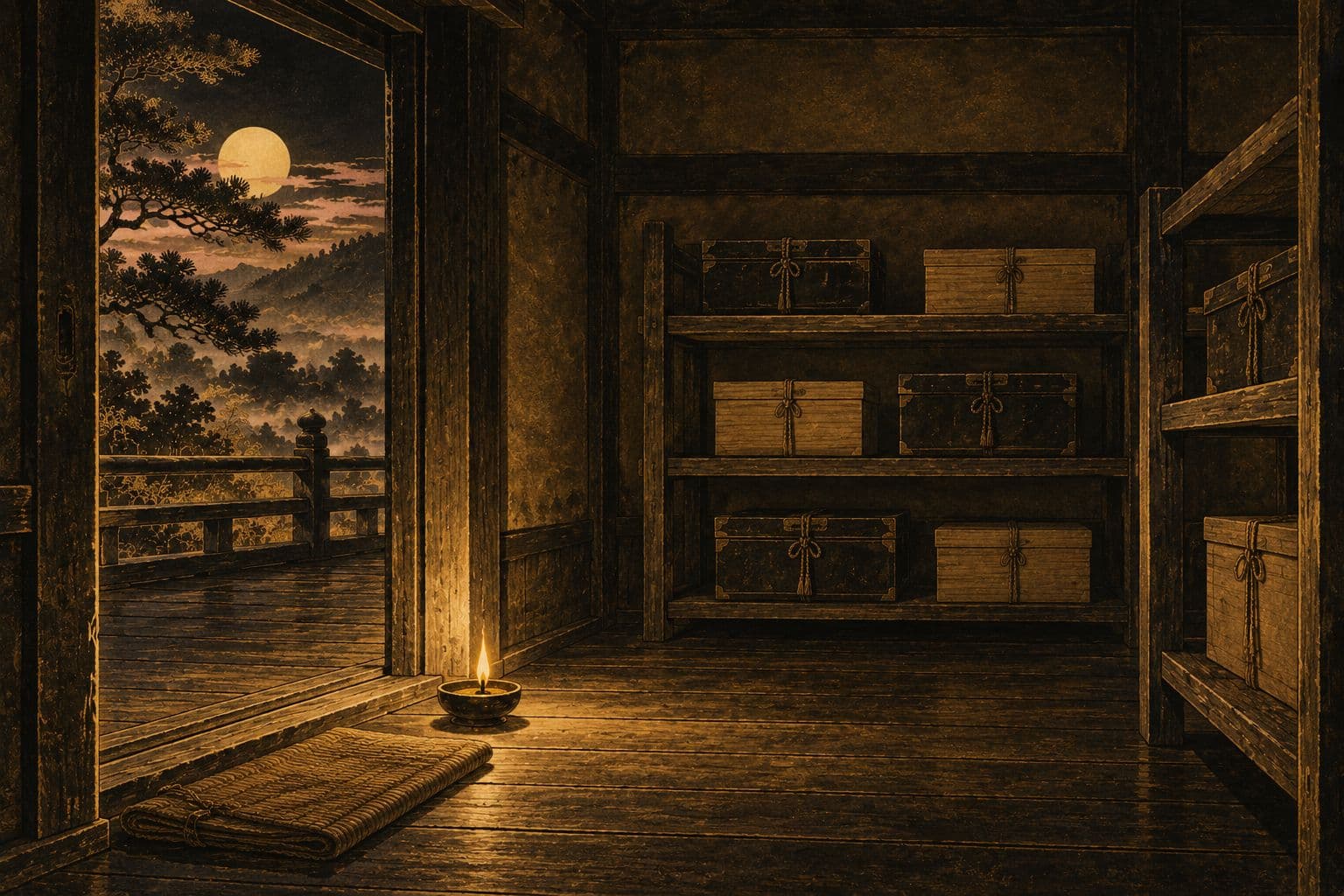 밤의 작은 절 창고, 나무 선반 위에 끈으로 묶은 가죽 상자와 오동나무 상자가 가지런히 놓이고, 문 곁 바닥에 등잔 하나와 접어 둔 짚자리, 열린 문 너머 툇마루와 소나무 위의 둥근 달을 그린 금박 수묵화