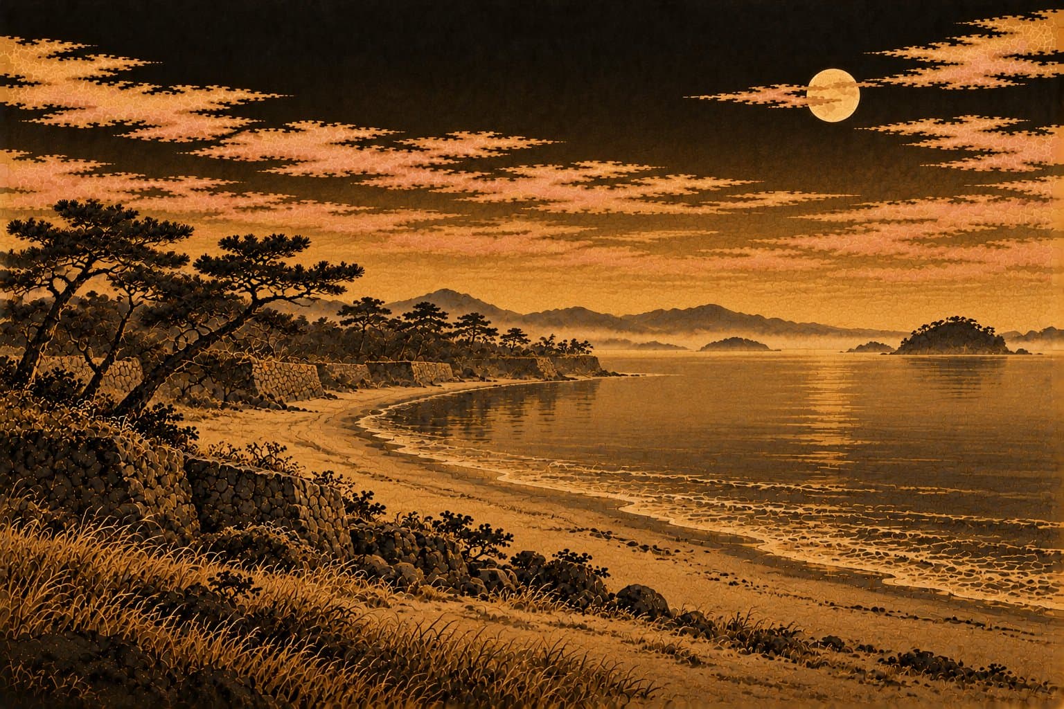 하카타 만의 저녁 — 잔잔한 바다와 긴 모래 해안, 해안을 따라 낮게 이어진 옛 돌 방루, 먼 섬들 — 배도 사람도 없음