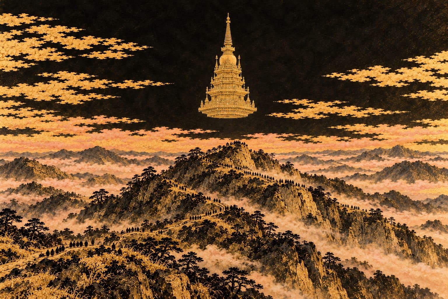 땅에서 솟아 허공에 걸린 칠보탑 — 그 아래로 영취산의 능선이 펼쳐지고, 산비탈을 따라 아득한 대중이 작은 그림자로만 보이는 금박 수묵화